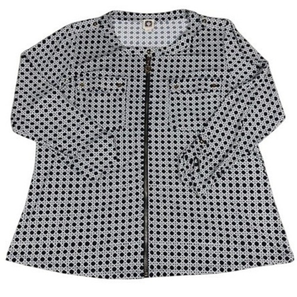Anne Klein Top Womens 1X‎ Navy White Lattice Zip Front Gold Lion Pull Stretch